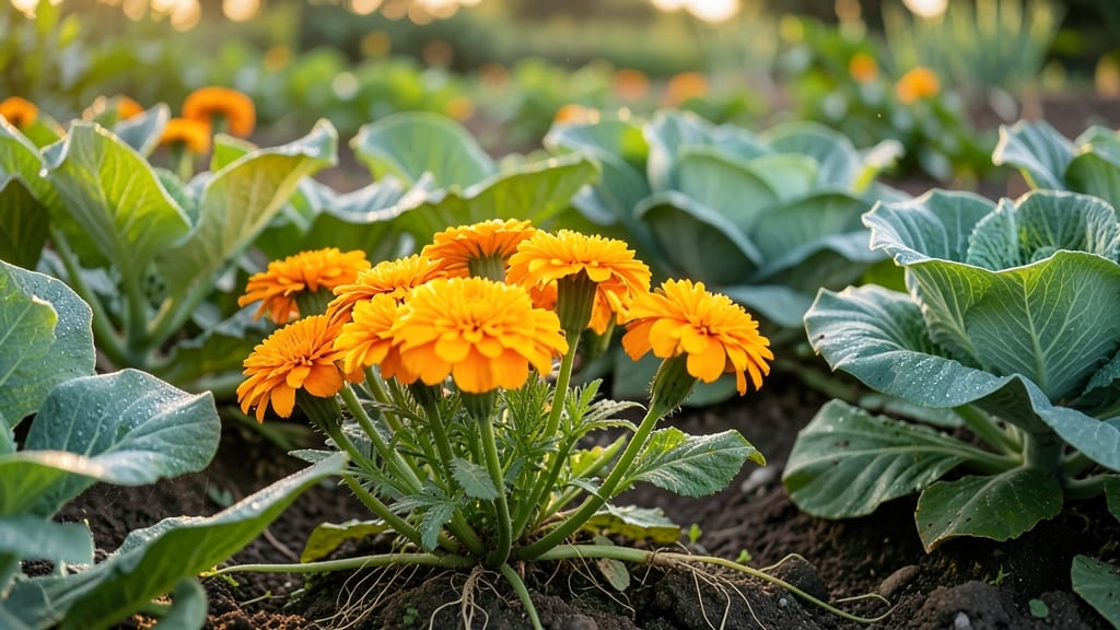 Marigolds Surrounding Both Plants