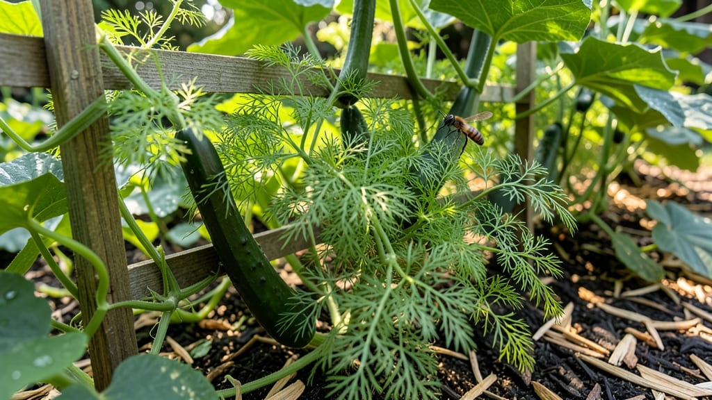 Dill Alongside Cucumber Trellises