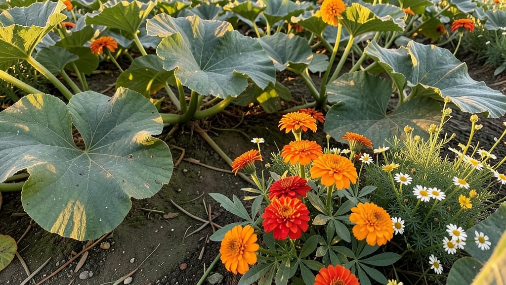 Marigolds Surrounding Pumpkin Plants