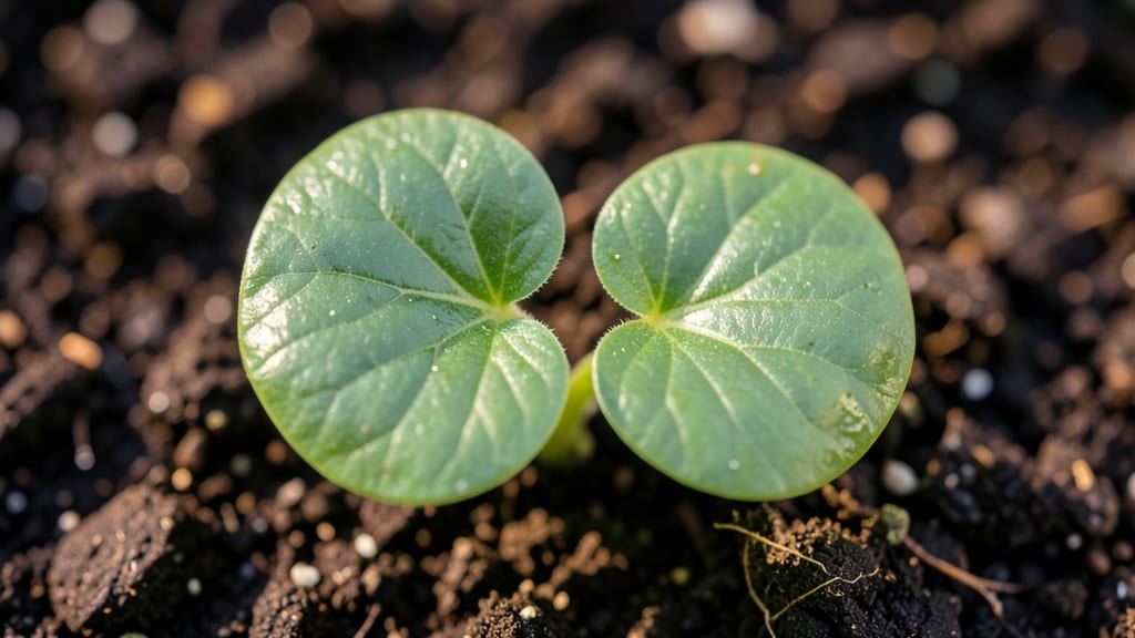 Two Cotyledon Leaves Fully Unfurled On Seedling