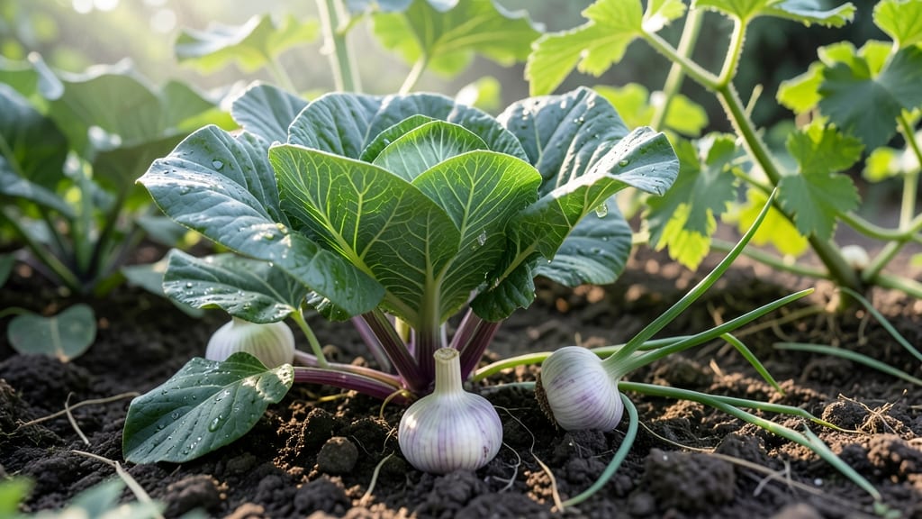 Garlic Bulbs Around Cabbage Bases