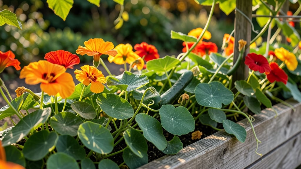 Nasturtiums Near Cucumber Vines