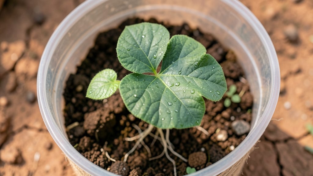 Healthy Cucumber Seedling With Three True Leaves