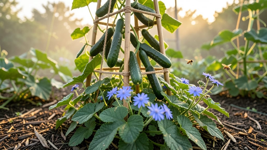 Borage Plants Near Cucumber Trellis