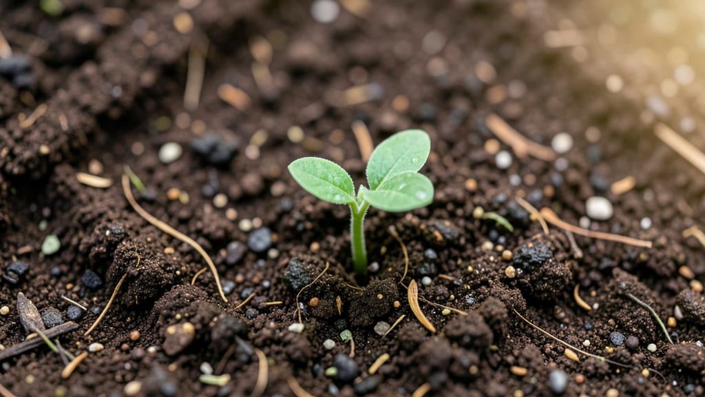 First Cucumber Seedling Sprout Emerging From Soil