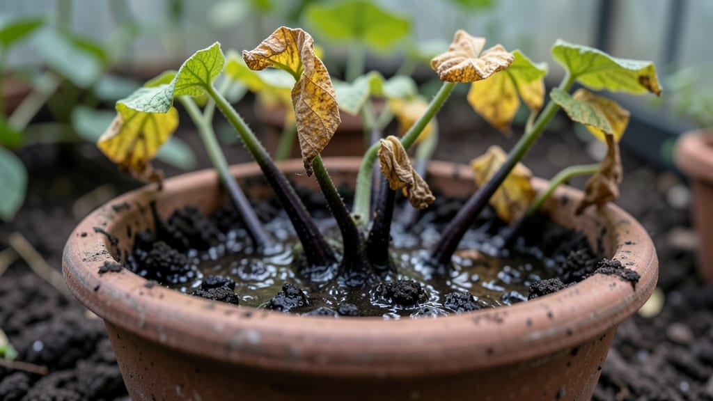 Overwatered Cucumber Seedling With Wilting Leaves